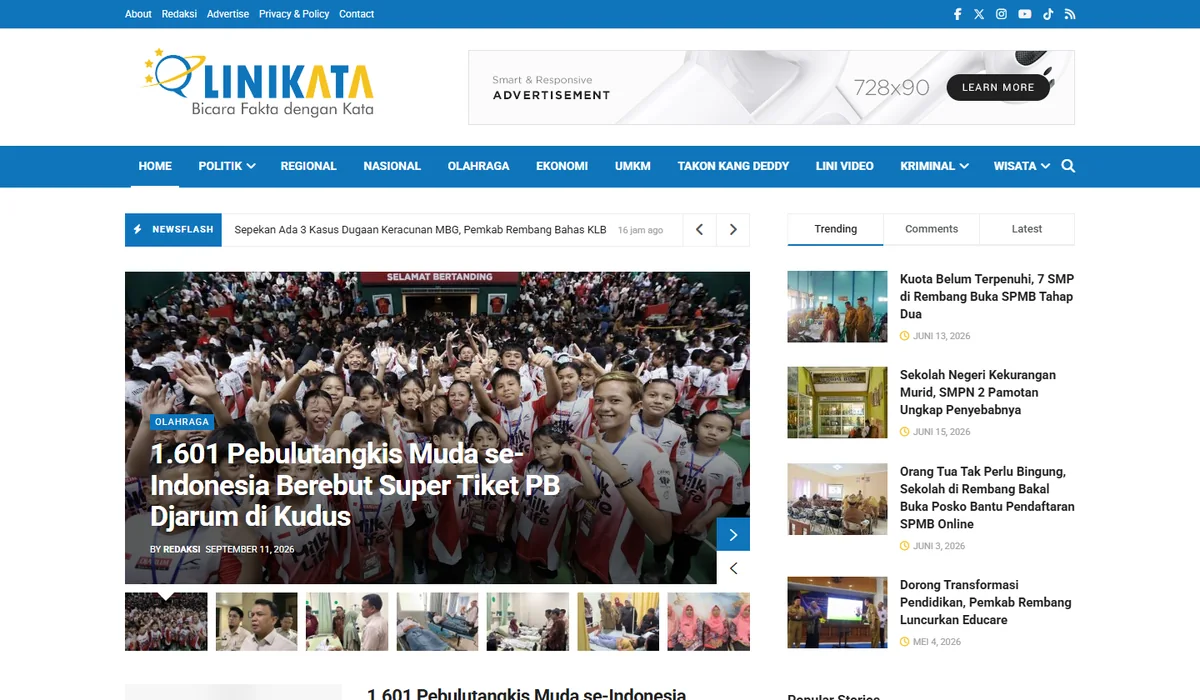 Halaman depan portal berita Linikata dengan berita utama dan menu rubrik
