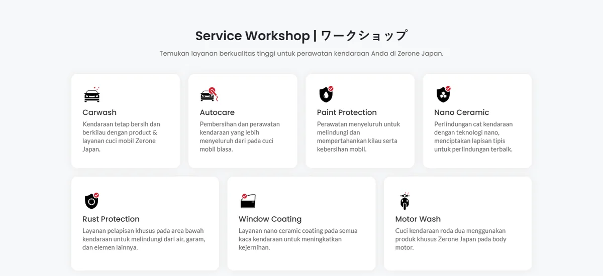 Daftar tujuh layanan workshop Zerone Japan