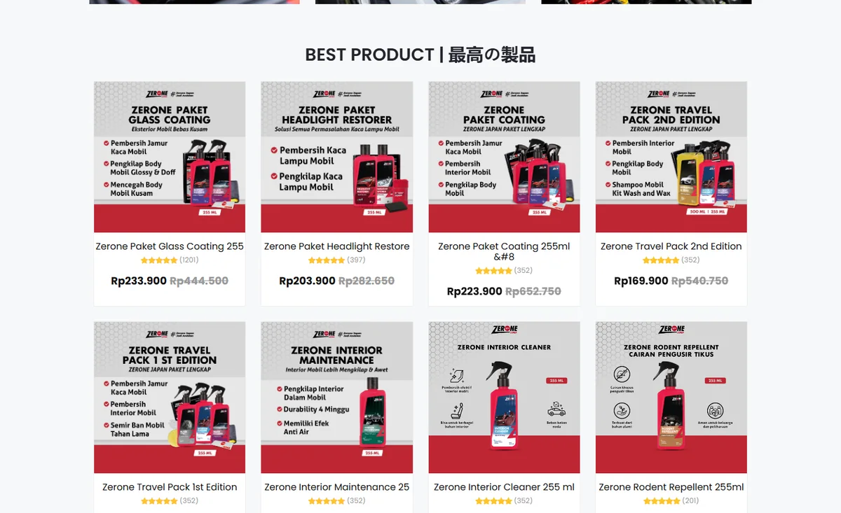 Katalog produk Zerone Japan dengan harga, diskon, dan penilaian pembeli